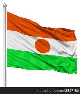 Flag of Niger with flagpole waving in the wind against white background