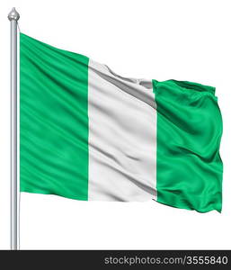 Flag of Nigeria with flagpole waving in the wind against white background