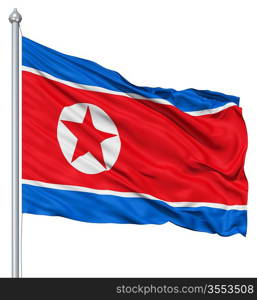 Flag of North Korea with flagpole waving in the wind against white background