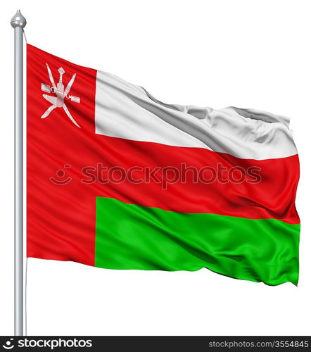 Flag of Oman with flagpole waving in the wind against white background