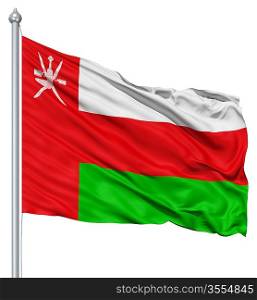 Flag of Oman with flagpole waving in the wind against white background