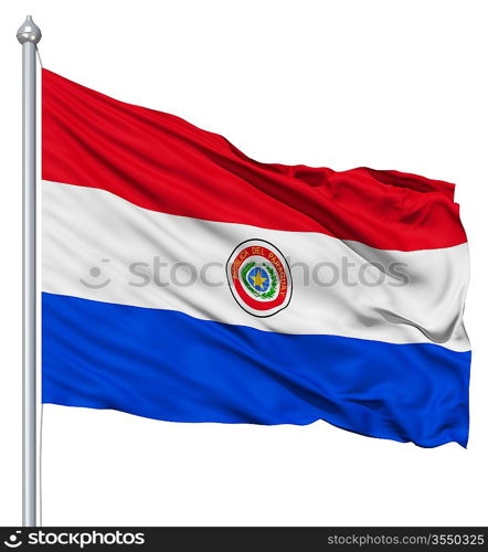 Flag of Paraguay with flagpole waving in the wind against white background