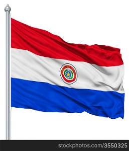 Flag of Paraguay with flagpole waving in the wind against white background