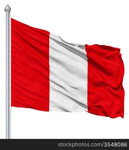 Flag of Peru with flagpole waving in the wind against white background
