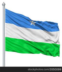 Flag of Puntland with flagpole waving in the wind against white background
