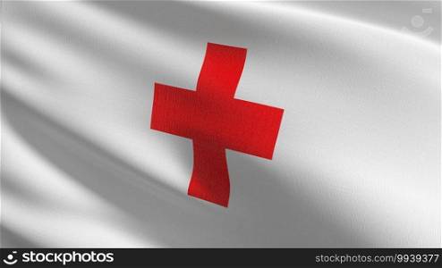Flag of red cross or Switzerland. 3D rendering illustration of waving sign symbol.