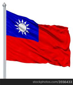Flag of Republic of China with flagpole waving in the wind against white background