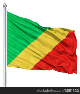 Flag of Republic of the Congo with flagpole waving in the wind against white background