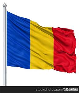 Flag of Romania with flagpole waving in the wind against white background