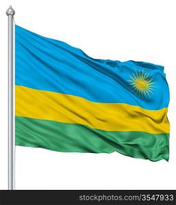Flag of Rwanda with flagpole waving in the wind against white background