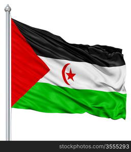 Flag of Sahrawi Arab Democratic Republic with flagpole waving in the wind against white background