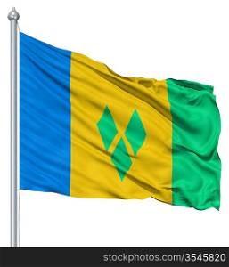 Flag of Saint Vincent and the Grenadines with flagpole waving in the wind against white background