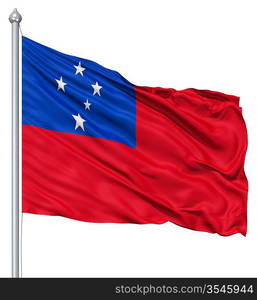 Flag of Samoa with flagpole waving in the wind against white background