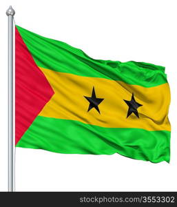 Flag of Sao Tome and Principe with flagpole waving in the wind against white background
