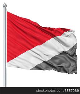 Flag of Sealand with flagpole waving in the wind against white background