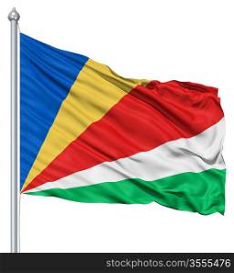 Flag of Seychelles with flagpole waving in the wind against white background