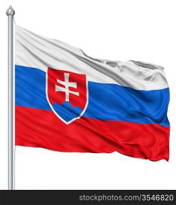 Flag of Slovakia with flagpole waving in the wind against white background