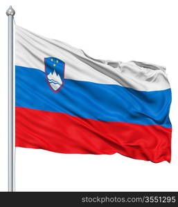 Flag of Slovenia with flagpole waving in the wind against white background