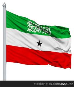 Flag of Somaliland with flagpole waving in the wind against white background