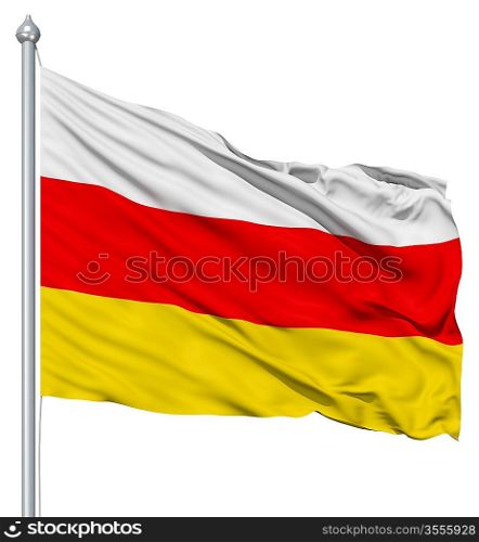 Flag of South Ossetia with flagpole waving in the wind against white background