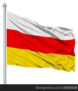 Flag of South Ossetia with flagpole waving in the wind against white background
