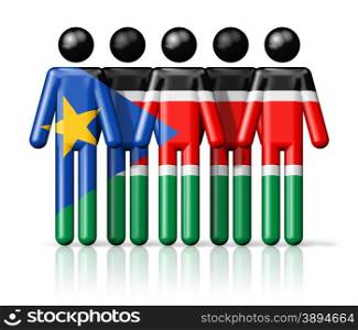 Flag of South Sudan on stick figure - national and social community symbol 3D icon. Flag of South Sudan on stick figure