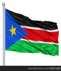Flag of South Sudan with flagpole waving in the wind against white background