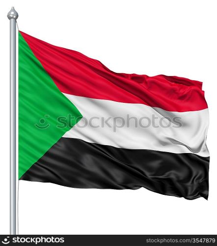 Flag of Sudan with flagpole waving in the wind against white background