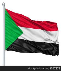 Flag of Sudan with flagpole waving in the wind against white background
