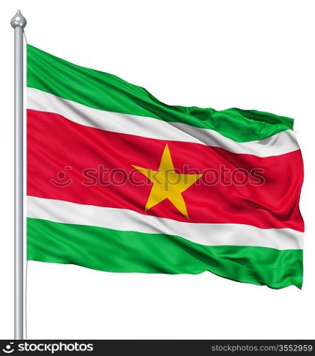 Flag of Suriname with flagpole waving in the wind against white background