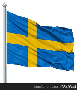 Flag of Sweden with flagpole waving in the wind against white background