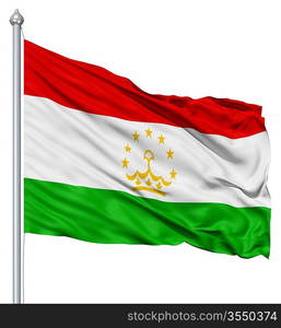 Flag of Tajikistan with flagpole waving in the wind against white background