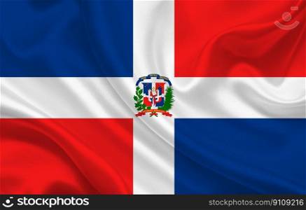 Flag of the country Dominican Republic on a background of wavy silk fabric panorama - illustration. Flag of the country Dominican Republic on a background of wavy silk fabric panorama