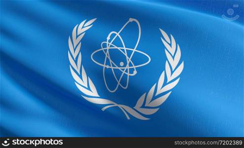 Flag of The International Atomic Energy Agency or IAEA, international organization of nuclear energy. 3D rendering illustration of waving sign symbol.
