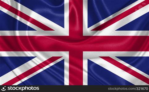 Flag of the United Kingdom waving in the wind with highly detailed fabric texture
