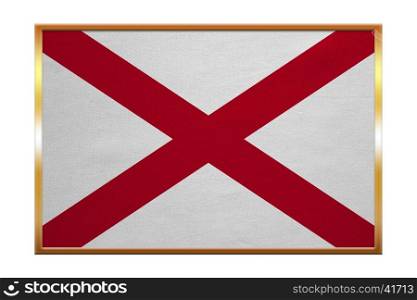 Flag of the US state of Alabama. American patriotic element. USA banner. United States of America symbol. Alabamian official flag, golden frame, fabric texture, illustration. Accurate size, colors