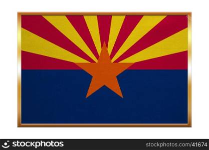 Flag of the US state of Arizona. American patriotic element. USA banner. United States of America symbol. Arizonian official flag, golden frame, fabric texture, illustration. Accurate size, colors
