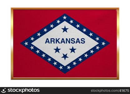 Flag of the US state of Arkansas. American patriotic element. USA banner. United States of America symbol. Arkansan official flag, golden frame, fabric texture, illustration. Accurate size, colors