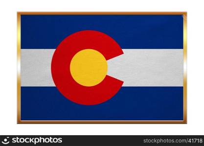 Flag of the US state of Colorado. American patriotic element. USA banner. United States of America symbol. Colorado official flag, golden frame, fabric texture, illustration. Accurate size, colors