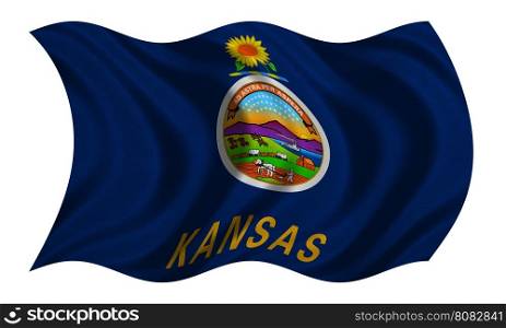 Flag of the US state of Kansas. American patriotic element. USA banner. United States of America symbol. Kansan official flag with real detailed fabric texture wavy isolated on white, illustration