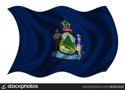 Flag of the US state of Maine. American patriotic element. USA banner. United States of America symbol. Mainer official flag with real detailed fabric texture wavy isolated on white, illustration