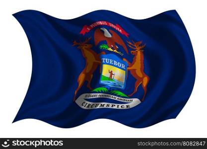 Flag of the US state of Michigan. American patriotic element. USA banner. United States of America symbol. Michiganian official flag, real detailed fabric texture wavy isolated on white, illustration