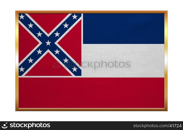 Flag of the US state of Mississippi. American patriotic element. USA banner. United States of America symbol. Mississippian official flag, golden frame, fabric texture, illustration. Accurate colors