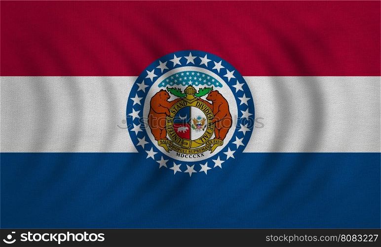 Flag of the US state of Missouri. American patriotic element. USA banner. United States of America symbol. Missourian official flag wavy detailed fabric texture, illustration. Accurate size, colors