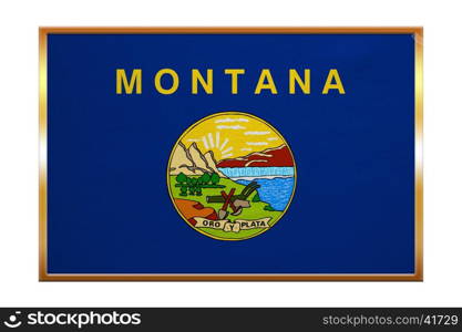 Flag of the US state of Montana. American patriotic element. USA banner. United States of America symbol. Montanan official flag, golden frame, fabric texture, illustration. Accurate size, colors