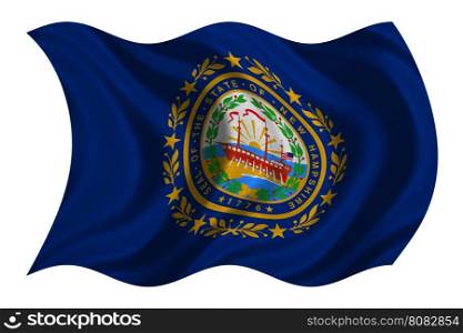 Flag of the US state of New Hampshire. American patriotic element USA banner. United States of America symbol. New Hampshirite official flag detailed fabric texture wavy isolated on white illustration. Flag of New Hampshire wavy on white fabric texture