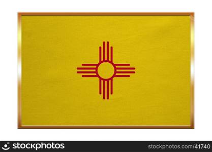 Flag of the US state of New Mexico. American patriotic element. USA banner. United States of America symbol. New Mexican official flag, golden frame, fabric texture, illustration. Accurate size, color