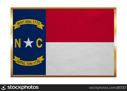 Flag of the US state of North Carolina. American patriotic element. USA banner. United States of America symbol. North Carolinian official flag golden frame fabric texture, illustration. Accurate size