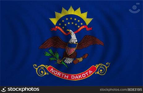 Flag of the US state of North Dakota. American patriotic element. USA banner. United States of America symbol. North Dakotan official flag wavy real fabric texture, illustration. Accurate size, colors