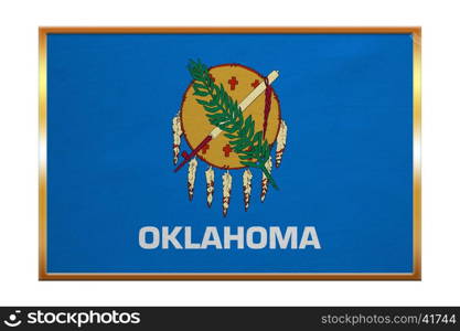 Flag of the US state of Oklahoma. American patriotic element. USA banner. United States of America symbol. Oklahoman official flag, golden frame, fabric texture, illustration. Accurate size, colors